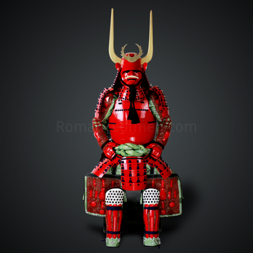 Kikkawa Motoharu Red and Black Samurai Armor Tosei Gusoku Style Kabuto with Maedate & Wakidate All Red Kozane With Black Cords